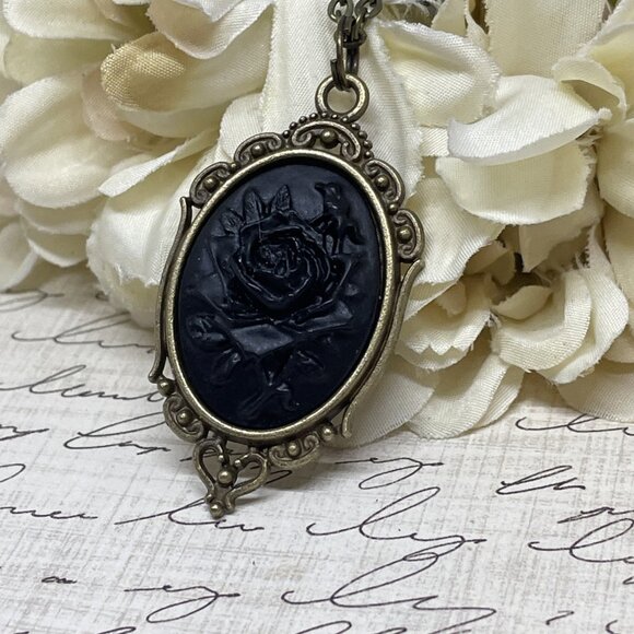 Halloween Gothic Viking Gift Birthday Bronze Necklace Black Rose Cameo  Jewelry - Picture 3 of 9